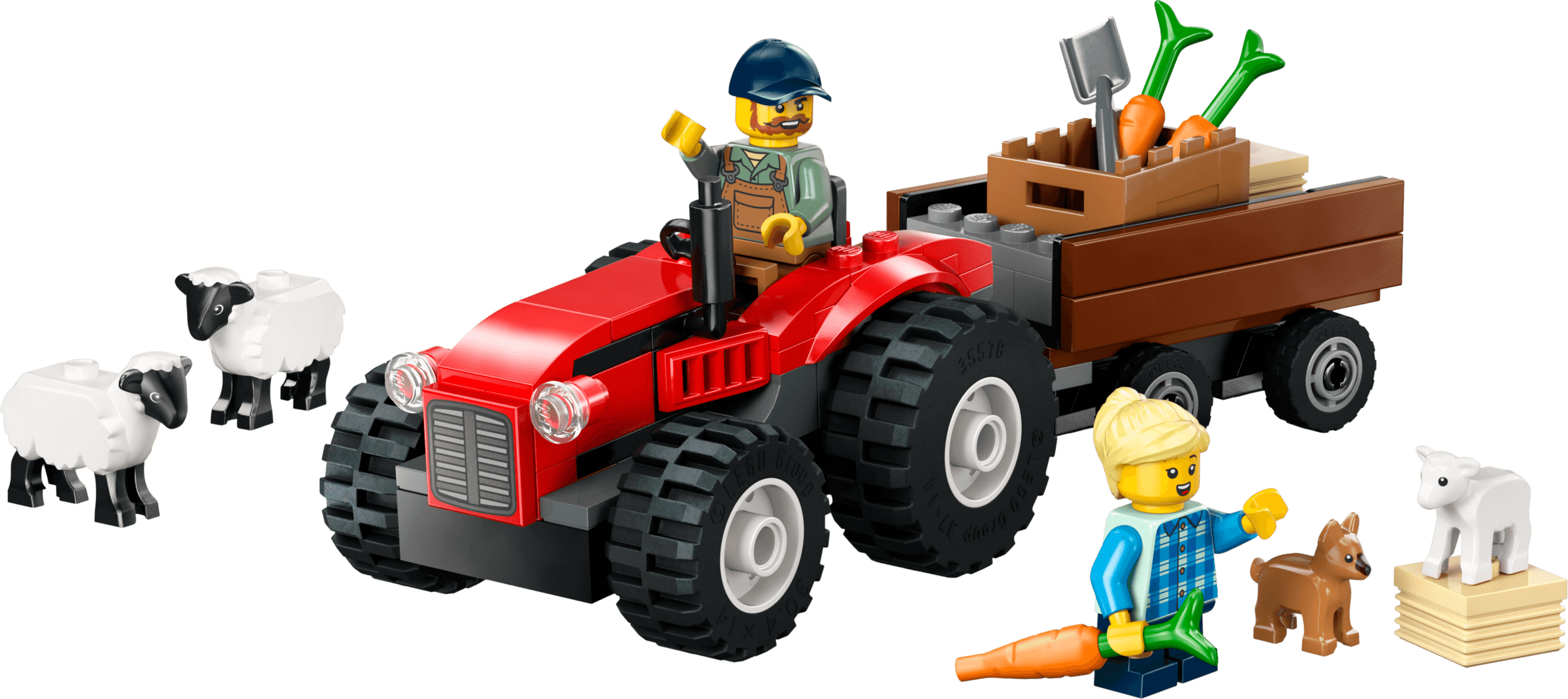 Czerwony traktor z przyczepą i owcą