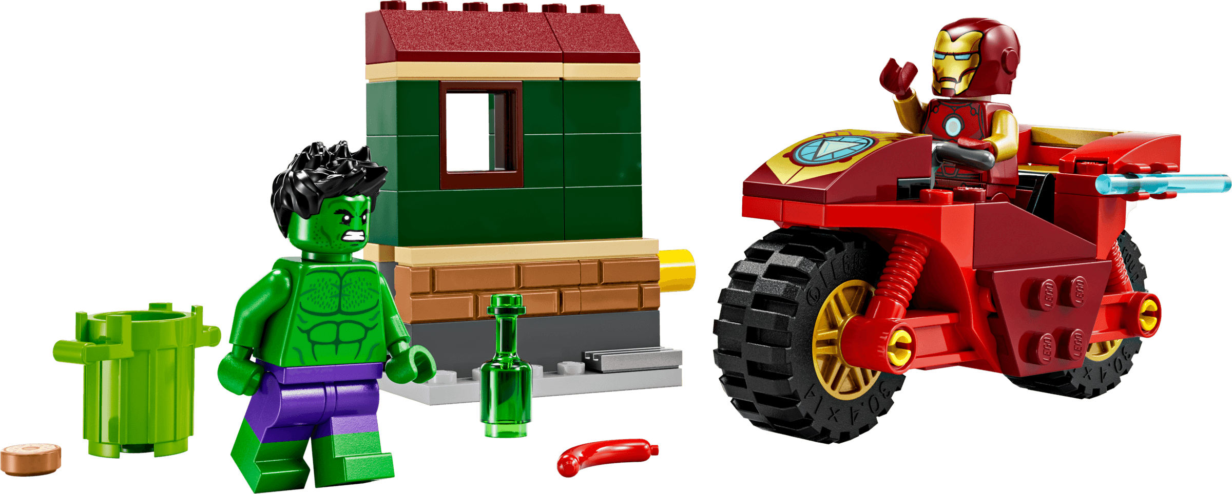 Iron Man z motocyklem i Hulk